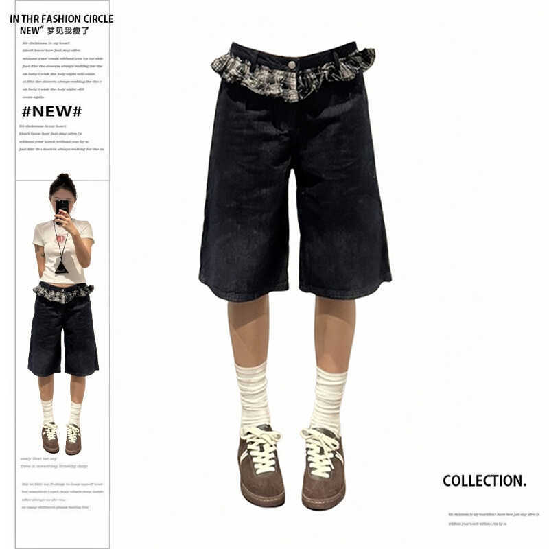 Plus-Size American Retro Plaid Patchwork Waistband Denim Mid-Length Pants for Women 2024 New Original Color Washed Loose Capri Pants Plus-Size American Retro Plaid Patchwork Waistband Denim Mid-Length Pants for Women 2024 New Original Color Washed Loose Capri Pants