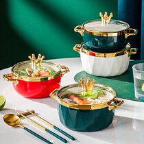  Ceramic instant noodle bowl with lid Student dormitory Nordic style light luxury net celebrity ins household binaural large capacity rice and soup bowl