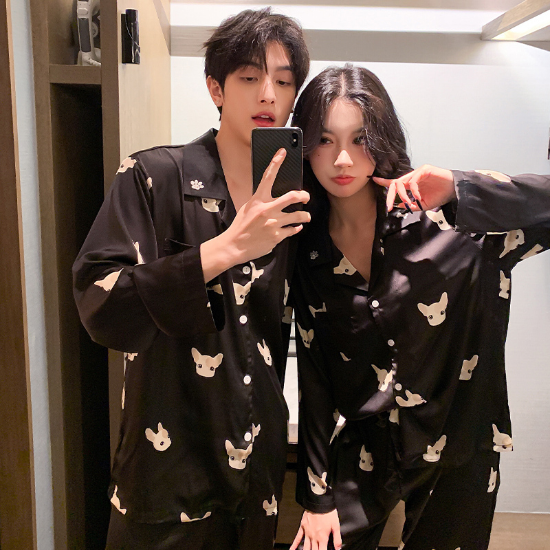 Spring and Autumn Couple Pajamas, Ice Silk Long-Sleeved, Unisex, Dog Head Design, Summer White, Celebrity Style, Plus Size, Cartoon Loungewear Spring and Autumn Couple Pajamas, Ice Silk Long-Sleeved, Unisex, Dog Head Design, Summer White, Celebrity Style, Plus Size, Cartoon Loungewear