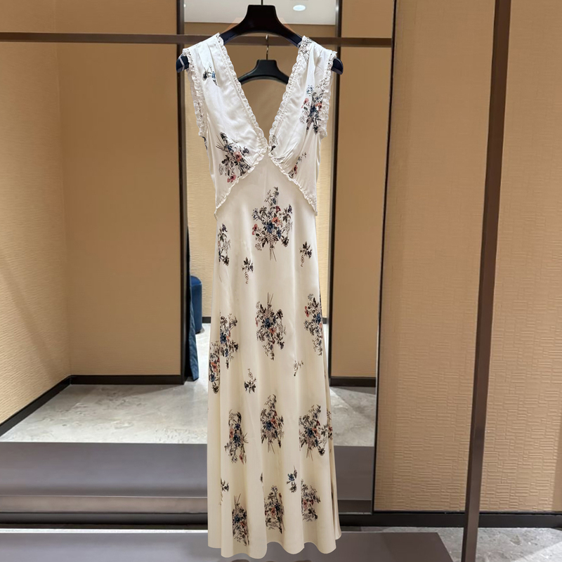 Niche 2026 Spring/Summer New French Lace Trim V-Neck Printed Long Dress Sleeveless Slim Fit Backless Dress for Women
