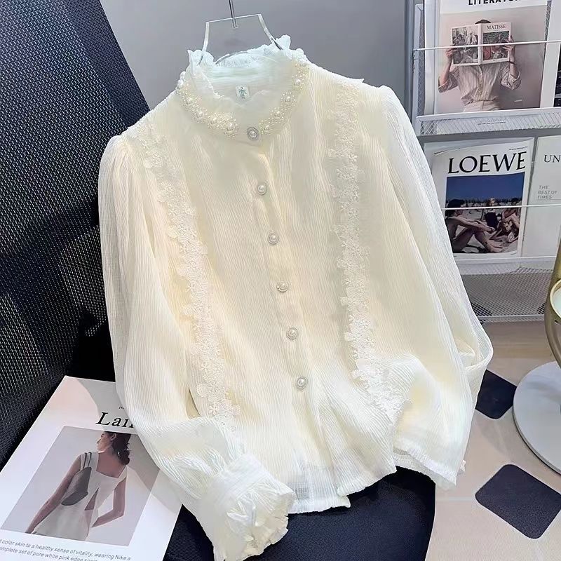 2026 Autumn New Loose Fit Slimming Versatile Pearl Ruffle Stand Collar Long Sleeve Lace T-Shirt Women's Top Trend