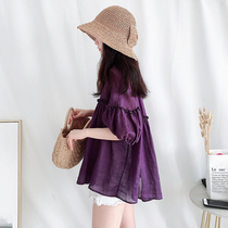 Doll shirt top Korean summer short-sleeved loose sweet Western style lace a-line puffy ramie shirt female age-reducing thin