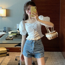 Design sense niche court v-neck short-sleeved shirt top chiffon short white shirt summer 2020 new women