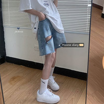 Loose ripped jeans 2020 new straight womens high waist Hong Kong flavor thin shorts mid-pants five-point pants tide