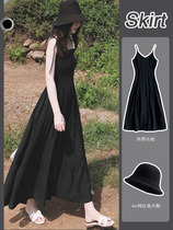 Popular Hepburn style waist French suspender small black skirt female summer long skirt Ankle fairy forest student dress