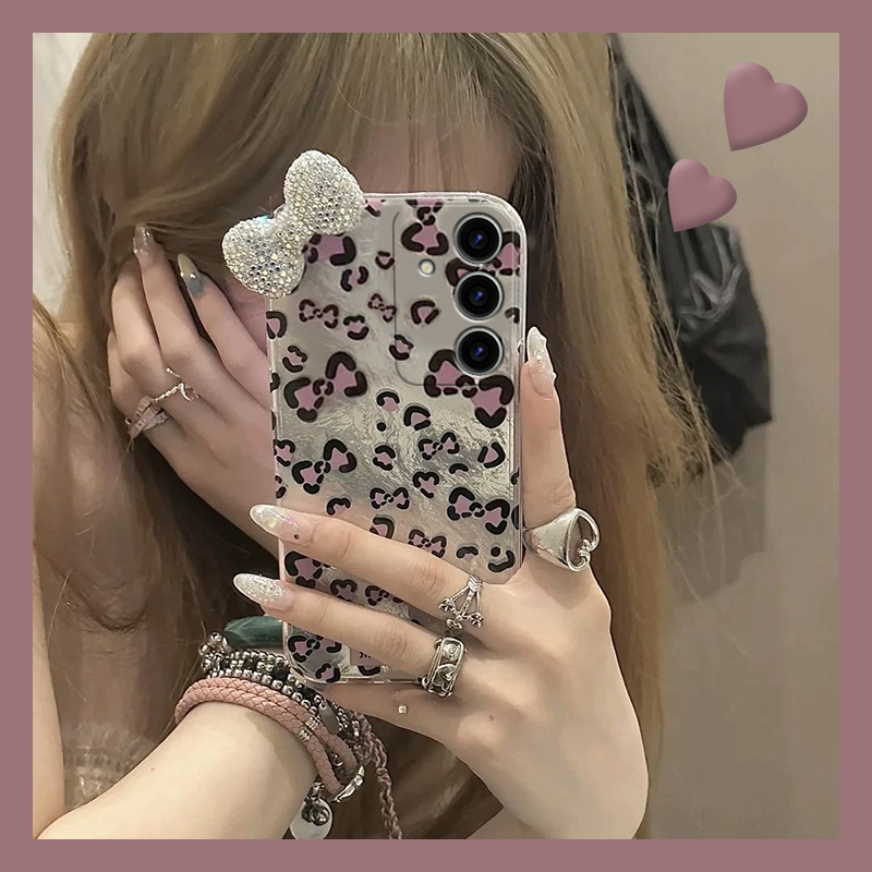 Pink Leopard Print Suitable for Samsung S24 Plus Phone Case S23+ S22 Three-Dimensional S21 Fe Rhinestone S20 Ultra Bowknot S10 High-End Feel S9 Japanese and Korean S8 Silicone Note20 Galaxy for Women
