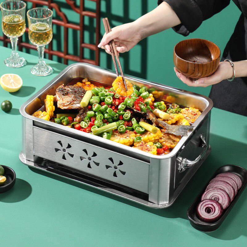 Stainless steel grilled fish stove household rectangular grilled fish plate commercial special pot alcohol charcoal integrated barbecue charcoal stove