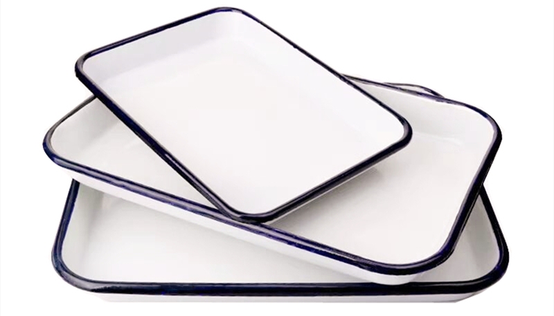 Thick enamel tray with cover with flat rectangular plate of enamel disc medical chemical disinfection plate alkali to hold