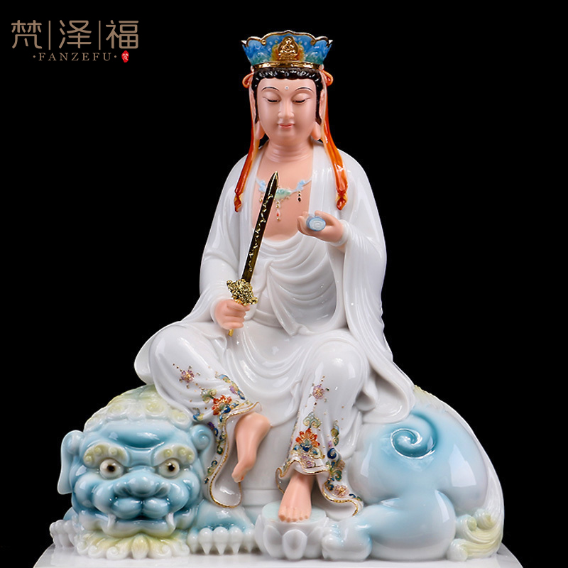 Han white jade stone carving enamel color Manjushri Pusa Buddha statue Puxian Bodhisattva Huayan Three Holy Deities Living Room Temple Ornaments