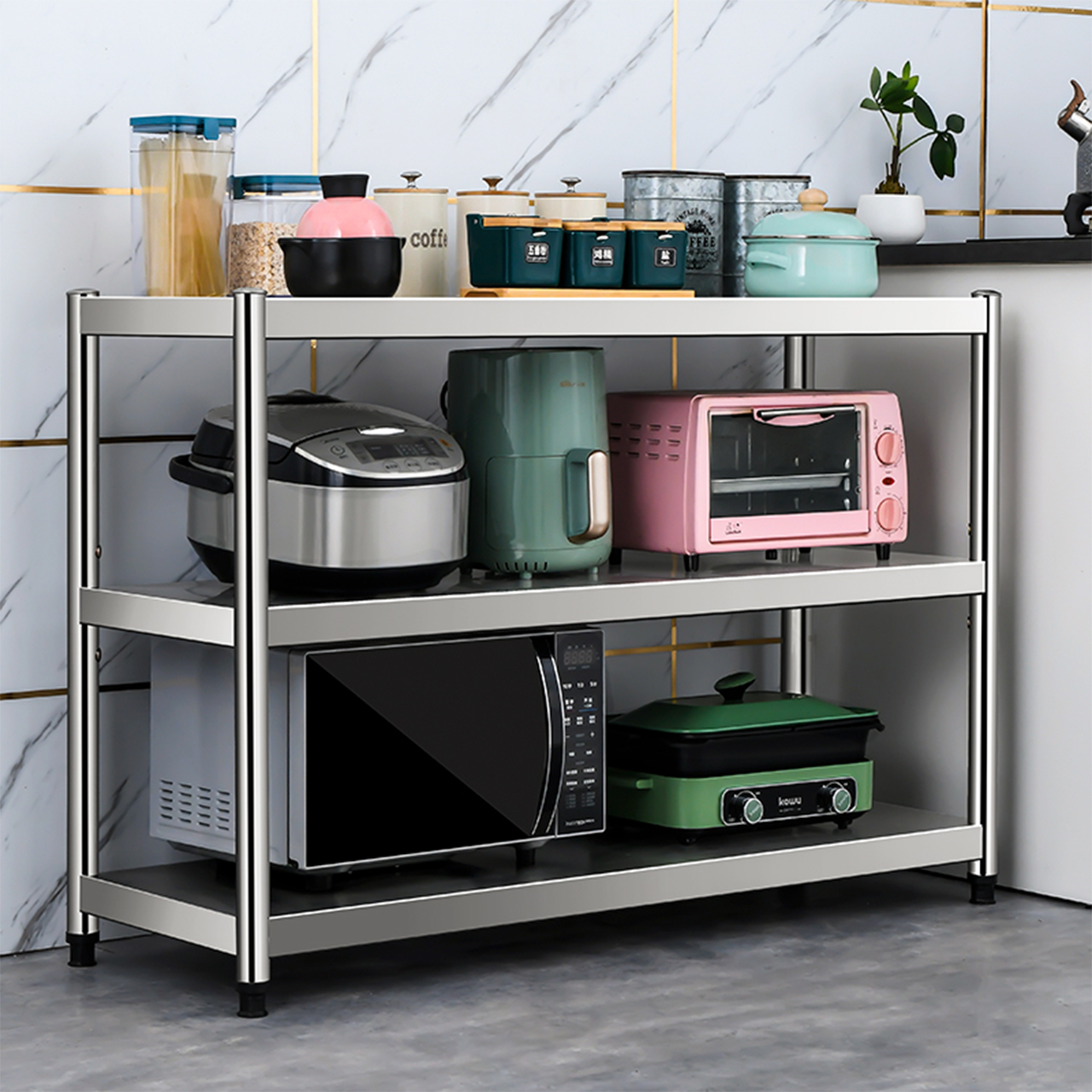 304 stainless steel kitchen shelves floor three multi-storey storage racks shelf microwave oven rack pot rack vegetable rack