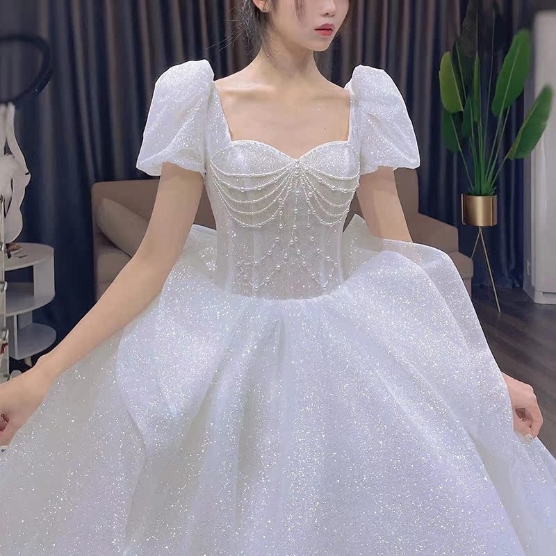 Straight shoulder main wedding dress 202221 new brides big trailing style light out-of-the-door yarn small child starry sky Summer