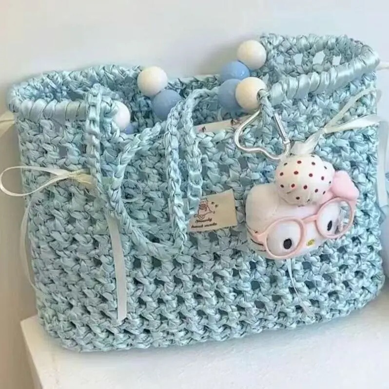 Summer Hollow-Out Beaded Hand-Woven Crochet Ribbon Single-Shoulder Handbag DIY Material LAOSHU Best Friend Gift
