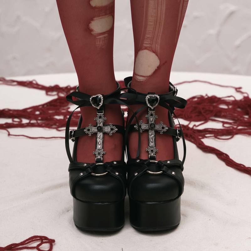 In Stock | Eternal Night Cross | Original Dark Gothic Subculture Niche Round-Toe High Heels Gothic Lo Shoes