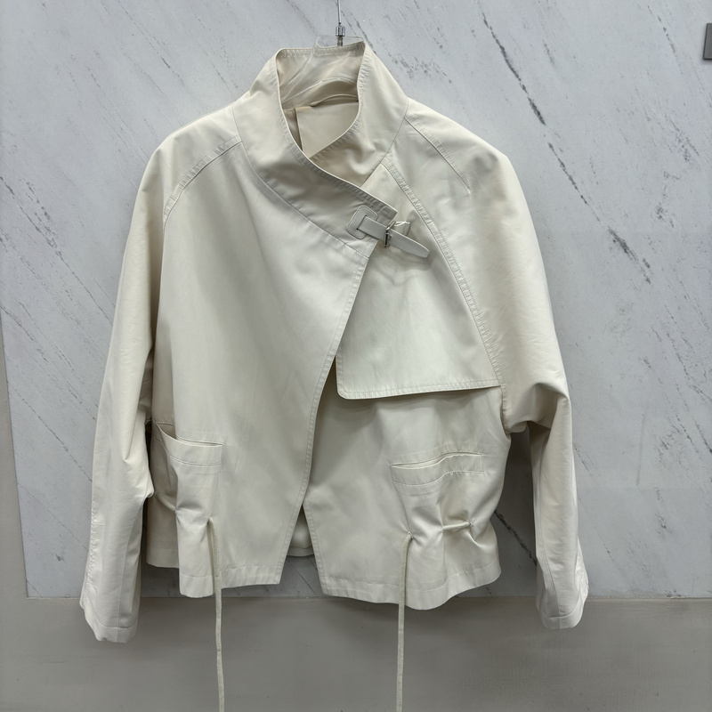 Korean Petite Trench Coat 2026 New Style with Drawstring Hem, Ruffled Stand Collar, Leather Buckle Short Jacket for Women