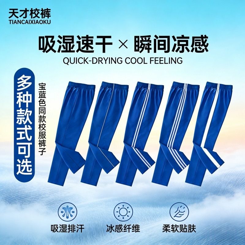Ice Silk Summer Thin Royal Blue School Uniform Pants with a White Stripe, Unisex Junior and Senior High School Sports Pants, Loose School Pants