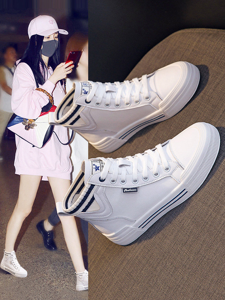 High-Top White Sneakers for Women 2026 New Korean Style Genuine Leather Flat-Soled Sports Casual Sneakers for Women, Lightweight, Soft, Non-Slip Sole, Versatile