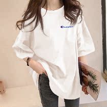 Pure cotton short sleeves Nets loose white medium long T-shirt woman 2022 Summer new hit undershirt blouses