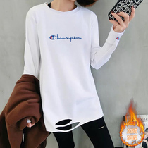 (clear cabin pick-up) Long sleeves Undershirt Woman Autumn Winter Loose Medium Long pure cotton breaking hole Nealift velvet white