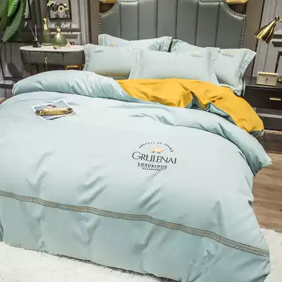 (Q BB) simple four-piece set of 100 cotton cotton sheets quilt cover polished double stitching embroidery