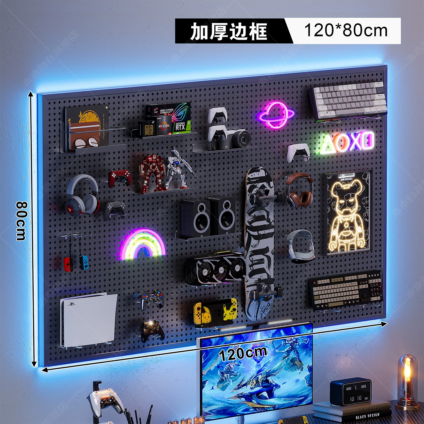 Computer Desk, Carbon-Fiber Pattern Gaming Table, perforated board options, multiple sizes 80–160 cm