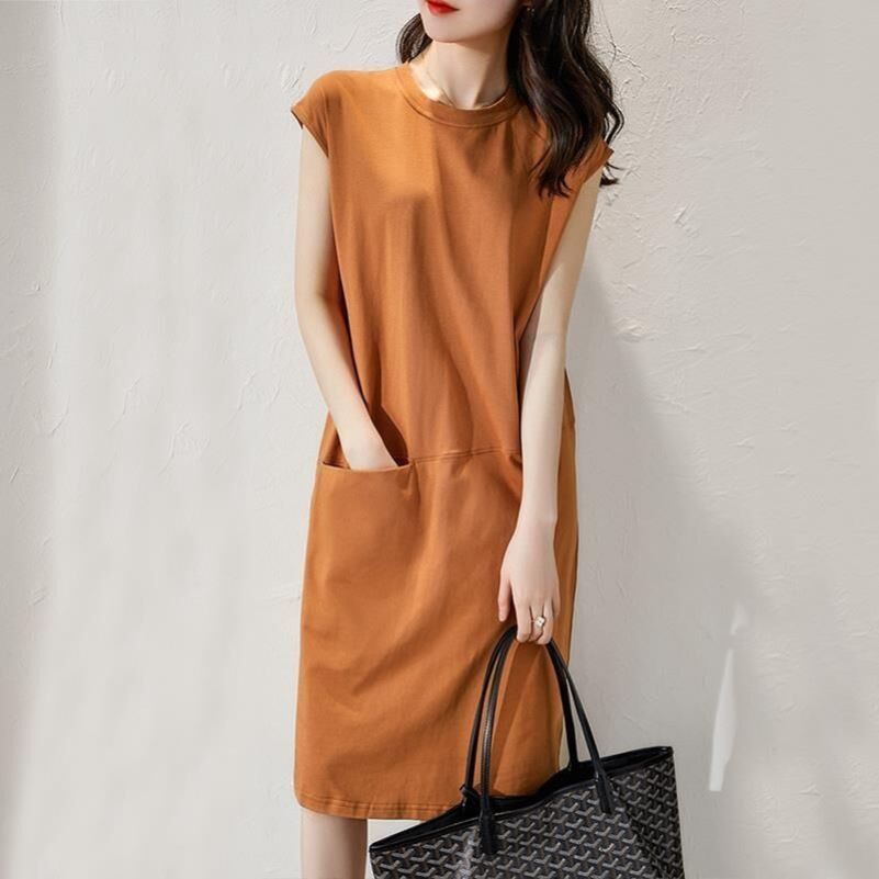 O38-h-khakiEuropean station 2021 summer wear new pattern Women's wear Medium and long term Dress easy Show thin Versatile Sleeveless Age reduction Base skirt