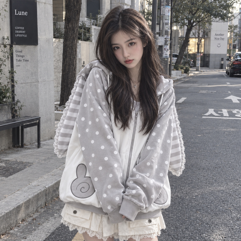 Rabbit Ear Hooded Jacket for Women, Thin Japanese Style Cute Sweatshirt Hoodie Top, Autumn and Winter Sweet Girl Cute Girl Cardigan Rabbit Ear Hooded Jacket for Women, Thin Japanese Style Cute Sweatshirt Hoodie Top, Autumn and Winter Sweet Girl Cute Girl Cardigan