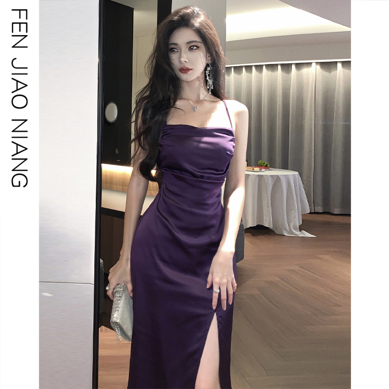 Sexy Backless Acetate Satin Halter Dress for Women, Cool and Elegant Style, High Slit Slip Dress, Long Dress for Autumn and Winter