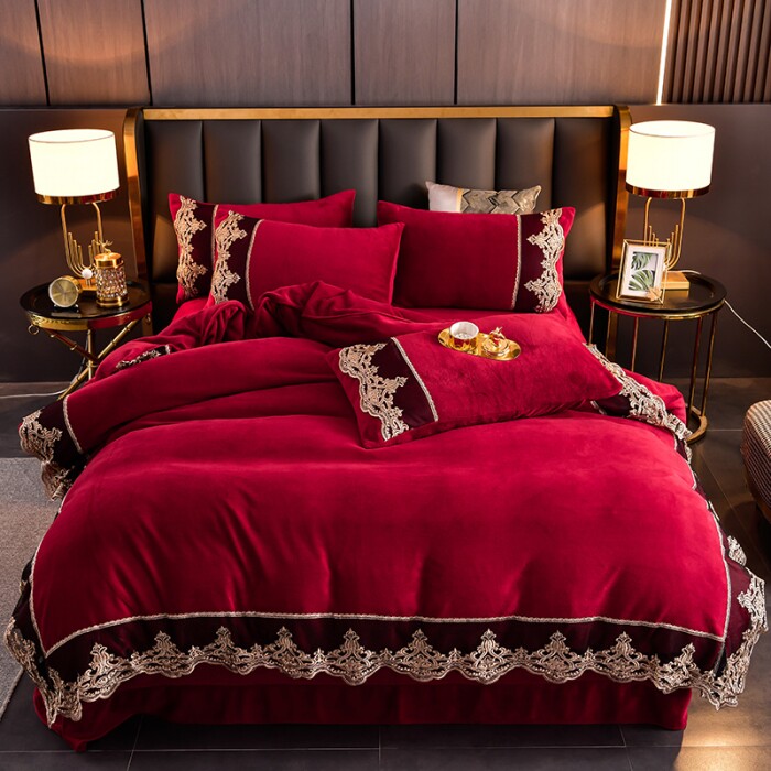 Winter milk velvet four-piece coral velvet crystal velvet thickened warm double-sided velvet bed sheet quilt red wedding