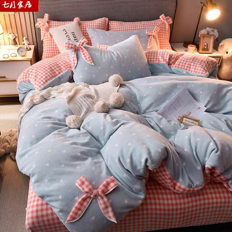 Milk velvet bed four-piece princess style winter thickened double-sided coral fleece flannel bow sheet quilt cover