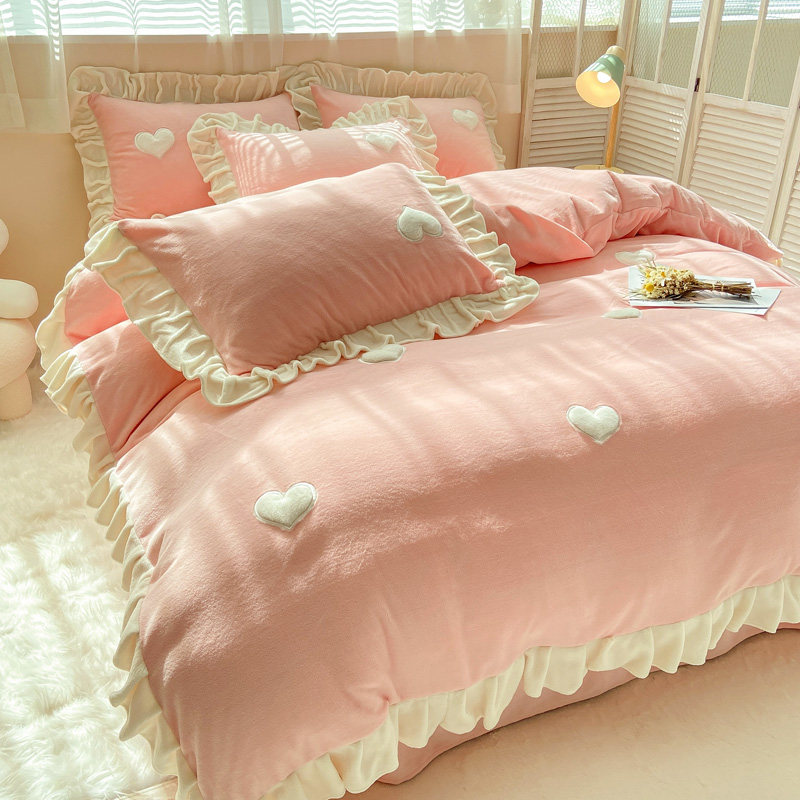 Coral velvet four-piece winter thickening warm double-sided milk velvet flannel princess wind girl heart bedding