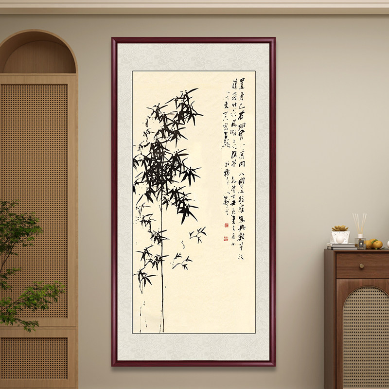 郑板桥竹子水墨画国画名画仿古画入户玄关装饰画客厅挂画中式壁画-淘宝
