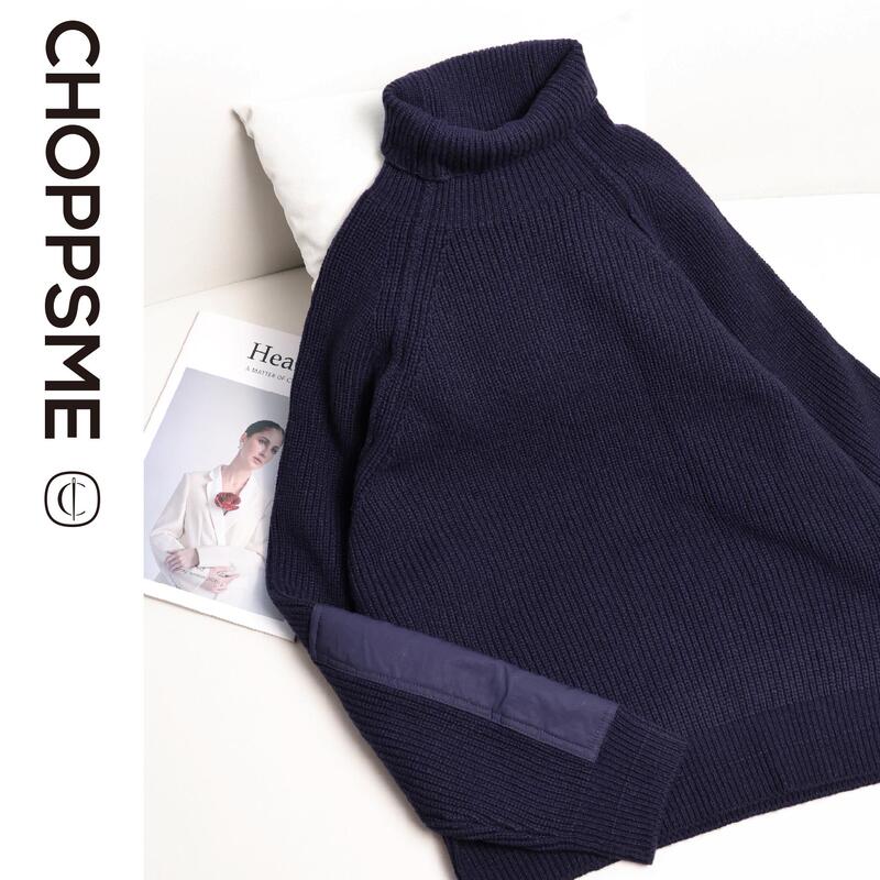 Qiaoposi｜Thick Coarse-Knit Pure Wool Sweater with Loose Fit, Elbow Patchwork Sleeves, and High Collar 1311