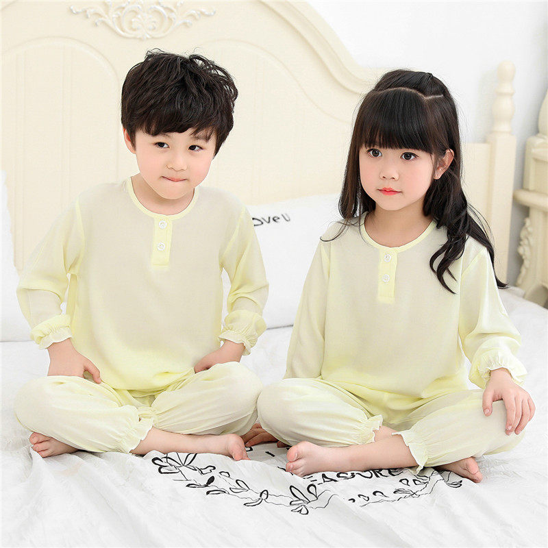 Summer thin cotton cotton long-sleeved trousers Boys and girls children's pajamas Cotton silk men's treasure bloomers home clothes set