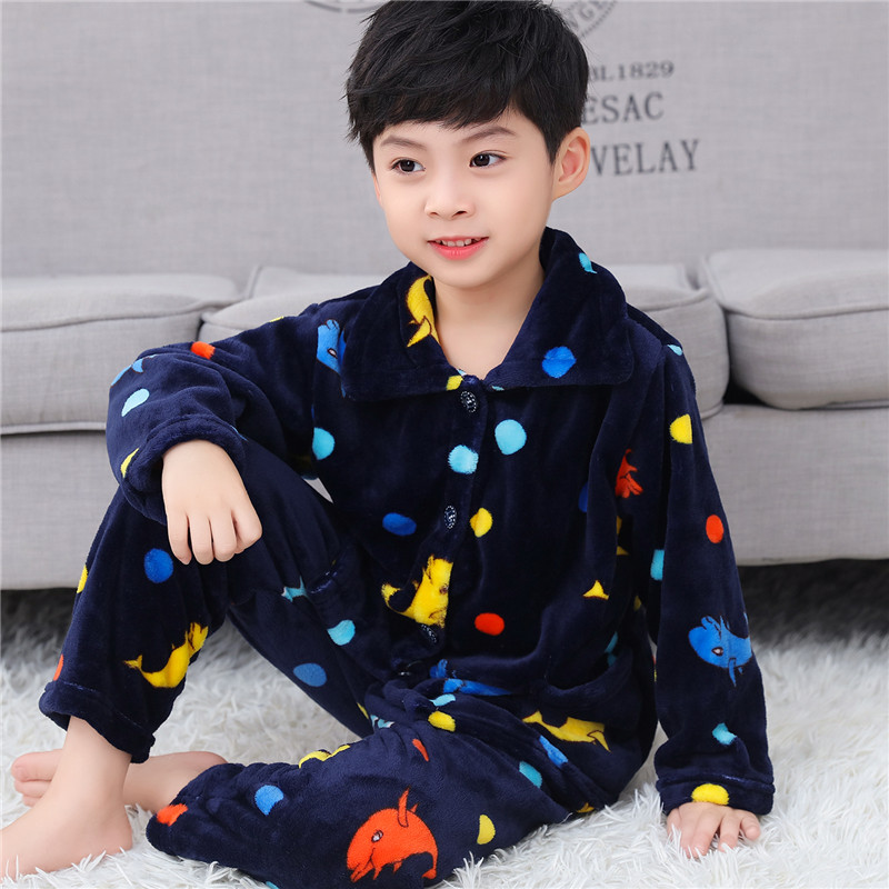 Autumn and winter children flannel pajamas Long sleeve suit Boys and girls baby children thickened coral velvet home clothes