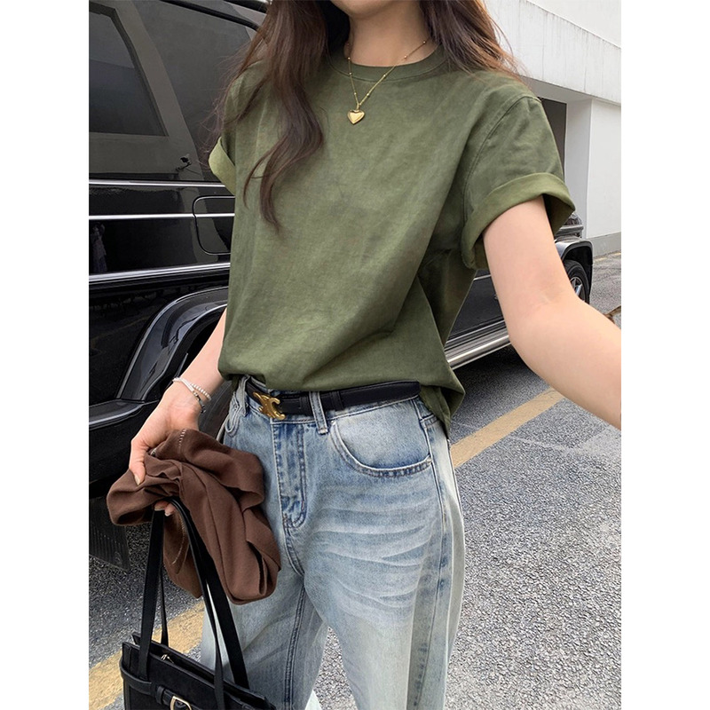 American Style Retro Army Green Short-Sleeved T-Shirt for Women 2026 Summer Loose Casual Versatile Regular Shoulder Round Neck Simple Top