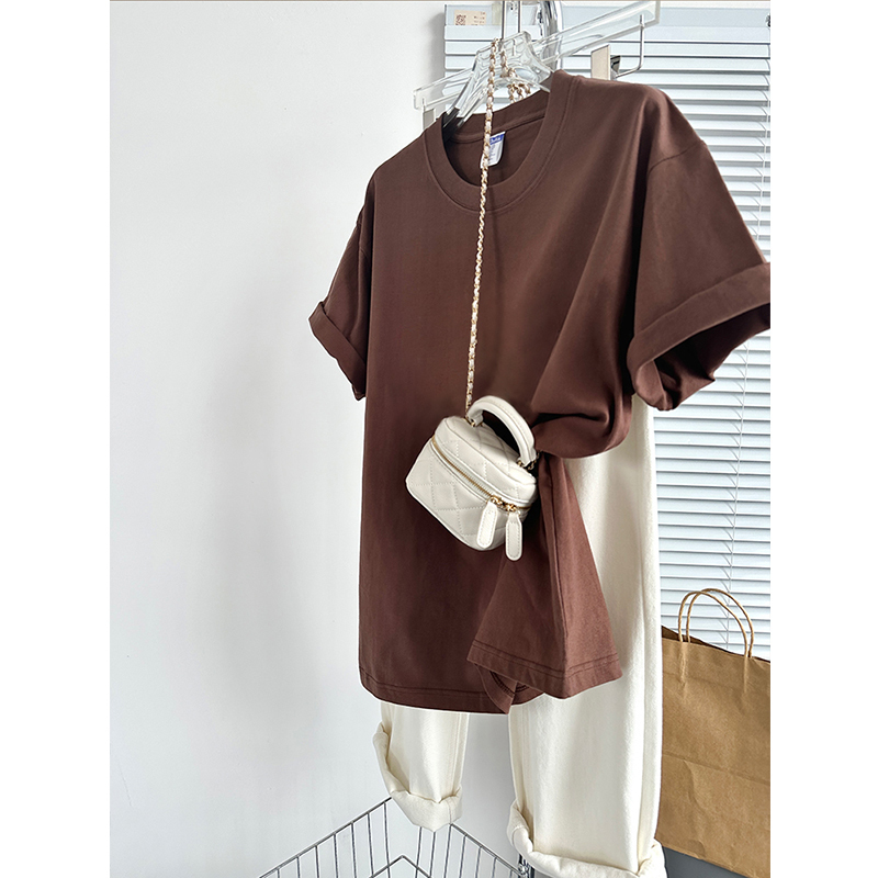 Chocolate Brown Versatile Short-Sleeved T-Shirt for Women, Casual Summer Wear, 2026 New Style, Round Neck, Pure Cotton Base Top, Trendy