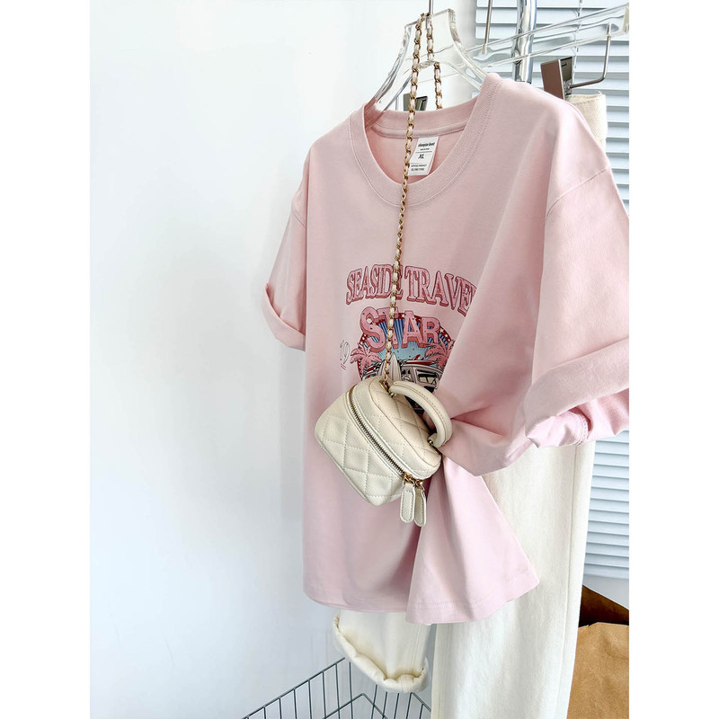 Low Saturation Cream Pink T-Shirt with Age-Reducing Design, Sweet Style, Letter Print, Short-Sleeved, Niche Pure Cotton Top Low Saturation Cream Pink T-Shirt with Age-Reducing Design, Sweet Style, Letter Print, Short-Sleeved, Niche Pure Cotton Top