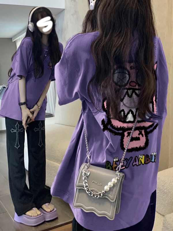American Retro Purple Short-Sleeved T-Shirt for Women, Pure Cotton, Loose Oversize 2026 Style Spring & Fall Half-Sleeved T-Shirt Top American Retro Purple Short-Sleeved T-Shirt for Women, Pure Cotton, Loose Oversize 2026 Style Spring & Fall Half-Sleeved T-Shirt Top