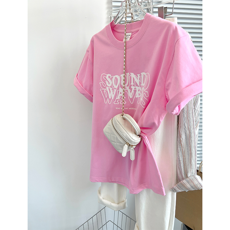 Milk-Like Pink Printed Pure Cotton Round Neck Short-Sleeved T-Shirt Women's Top 2026 Summer New Loose Slimming Korean Style T-Shirt