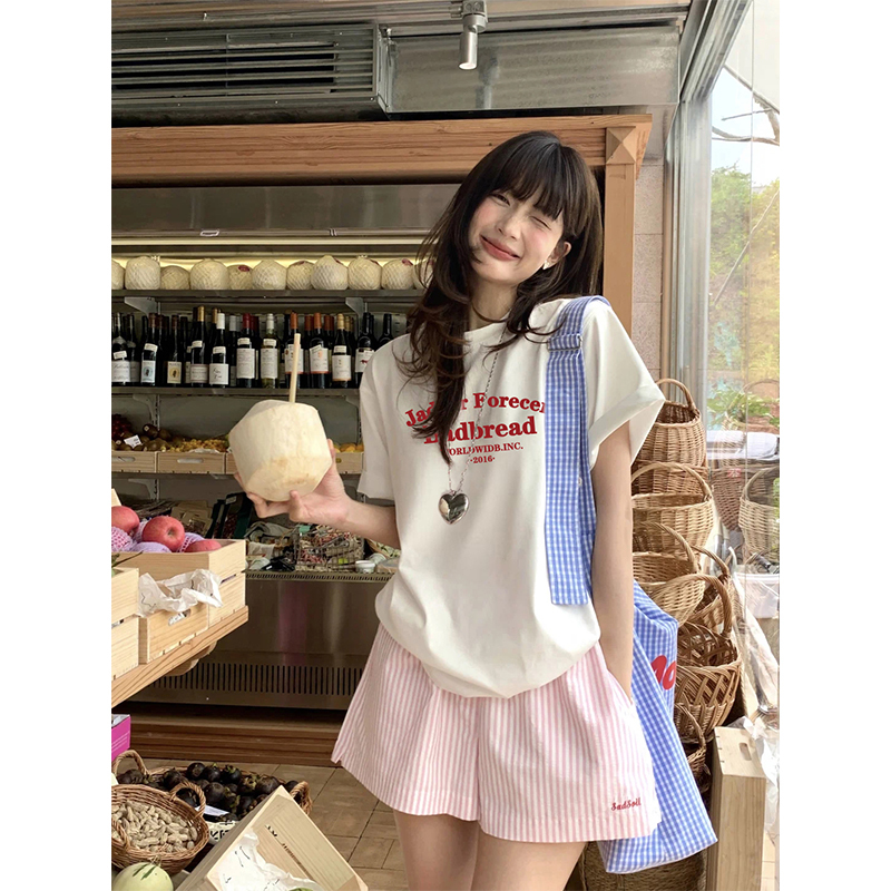 Heavyweight Red Letter Print Simple and Versatile White Pure Cotton Short-Sleeve T-Shirt for Women, Oversized Niche Top
