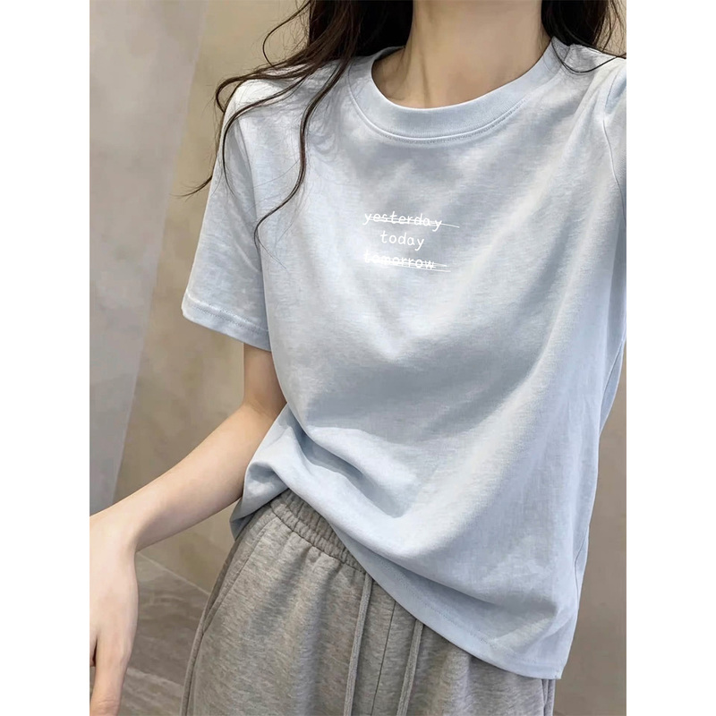 Summer Fresh Light Blue Short-Sleeved T-Shirt for Women, Regular Shoulder, Loose Fit, Slimming, Thin Style, Letter Print, Casual and High-End Feel Summer Fresh Light Blue Short-Sleeved T-Shirt for Women, Regular Shoulder, Loose Fit, Slimming, Thin Style, Letter Print, Casual and High-End Feel