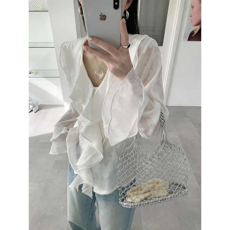 Spring and Summer Design Jacquard Shirt, Original Toothpick-Style Romantic French Top, Long-Sleeved Loose Women's Clothing