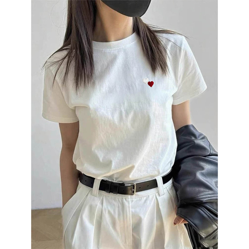 Summer Casual Style White Short-Sleeved T-Shirt for Women with Heart Embroidery, Loose Pure Cotton Round Neck Base Shirt, Versatile Top