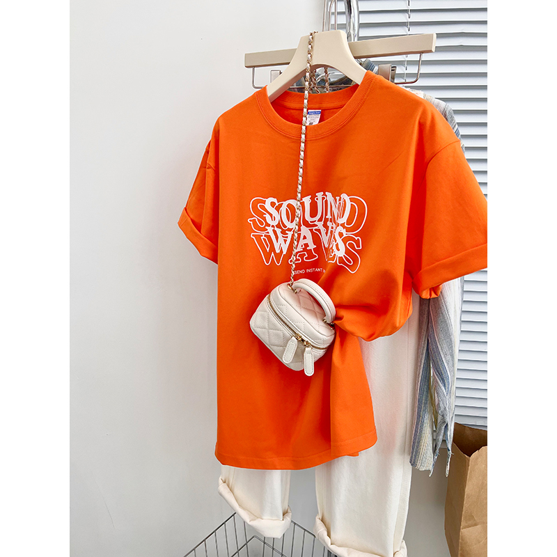 Orange Short-Sleeved T-Shirt for Women, Summer 2026 New Design, American Retro Style, Large Size, Loose Half-Sleeve, Regular Shoulder Top