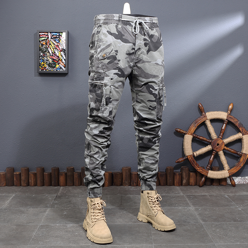 Spring New Trendy Brand Functional Gray Camouflage Workwear Casual Pants for Men, Korean Style Trendy Elastic Loose Straight-Leg Joggers