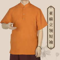 Summer lama short-sleeved clothing linen cool breathable stand-up collar buckle half-open monk clothing Tibetan monks and laymen clothing