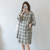 Spring and Autumn New Maternity Skirt Korean Version Retro Plaid Long Sleeve Dress Trendy Mom Going Out Can Breastfeed Professional Shirt Skirt