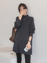 Autumn and winter pregnant womens sweater mid-length autumn and winter Korean fashion high-neck loose a-line knitted bottoming shirt spring