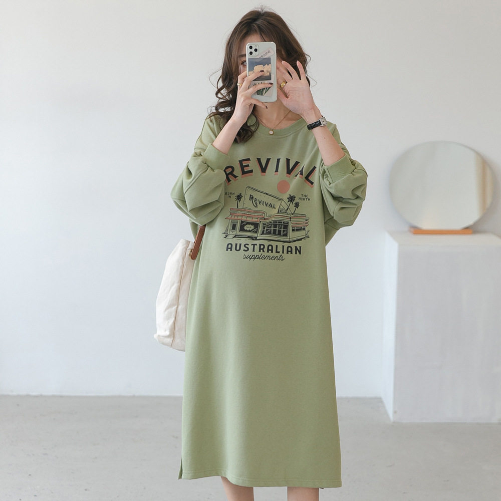 Spring and autumn new maternity skirt Korean version fashion cartoon printing age-reducing round neck thick cotton T skirt long version loose dress