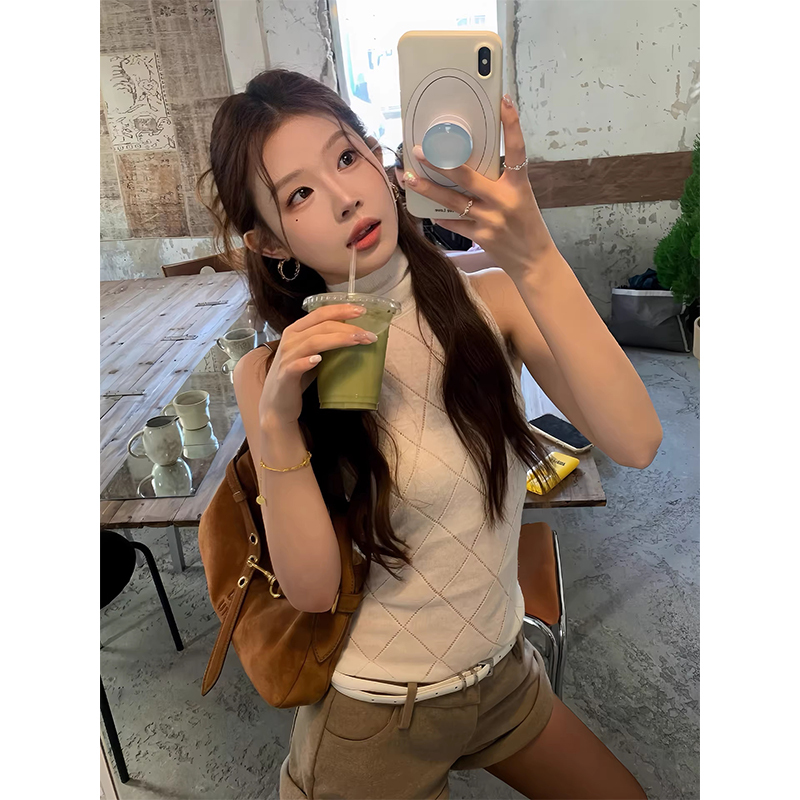 Korean Style Sweet Temperament Diamond-Patterned High-Neck Sleeveless Knit Top for Women, New Summer Slim-Fit Casual Versatile Top